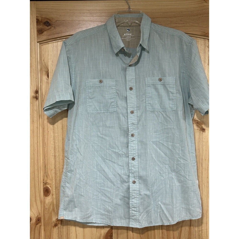Kuhl Karib Stripe Short Sleeve Shirt Mens Large Light Blue Button Up Hiking